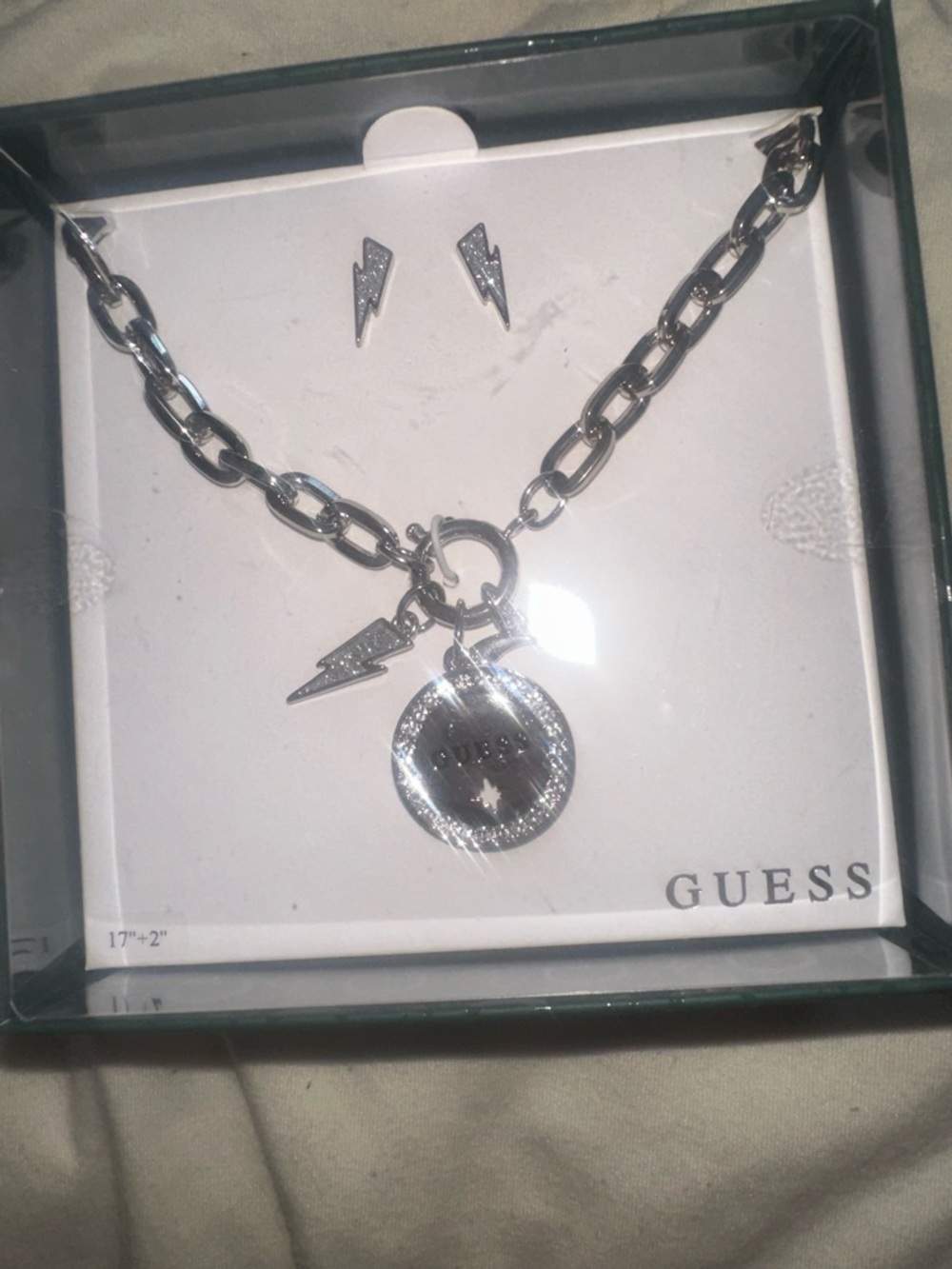 GUESS Silver-tone Lightning Charm Necklace and Stud Earring Set